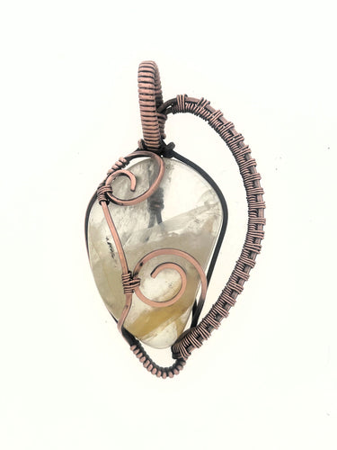 Yellow Iron Quartz Pendant wrapped and woven in Copper wire  