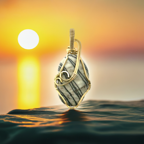 Polished Picasso Stone pendant wrapped in brass wire.